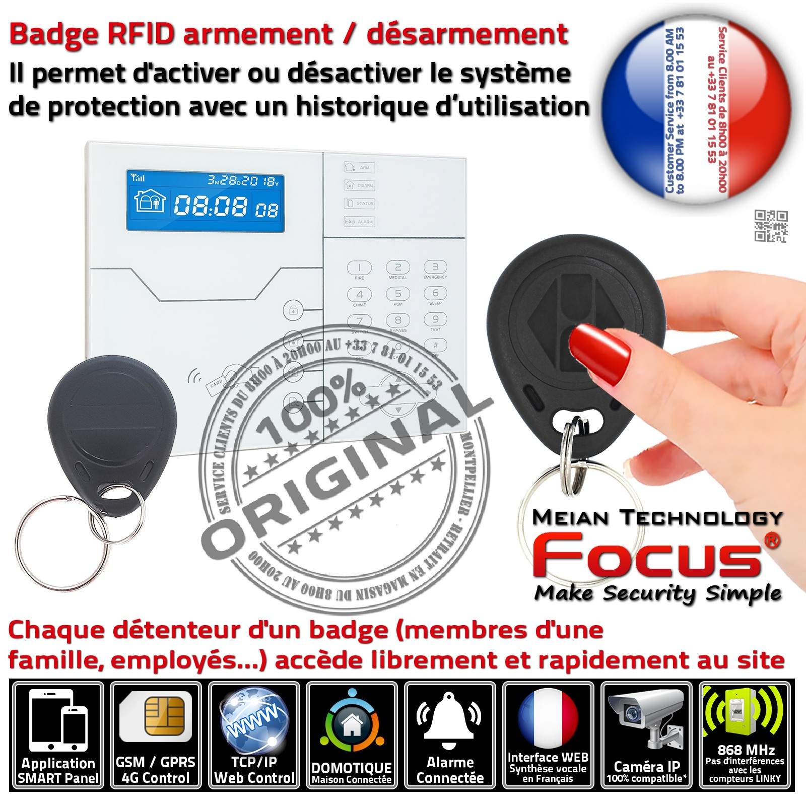 Alarme Surveillance Maison Connectée Pièces Chambres Salons Contrôle Accès Domotique Porte Badge Carte RFID FOCUS Meian 868 MHz