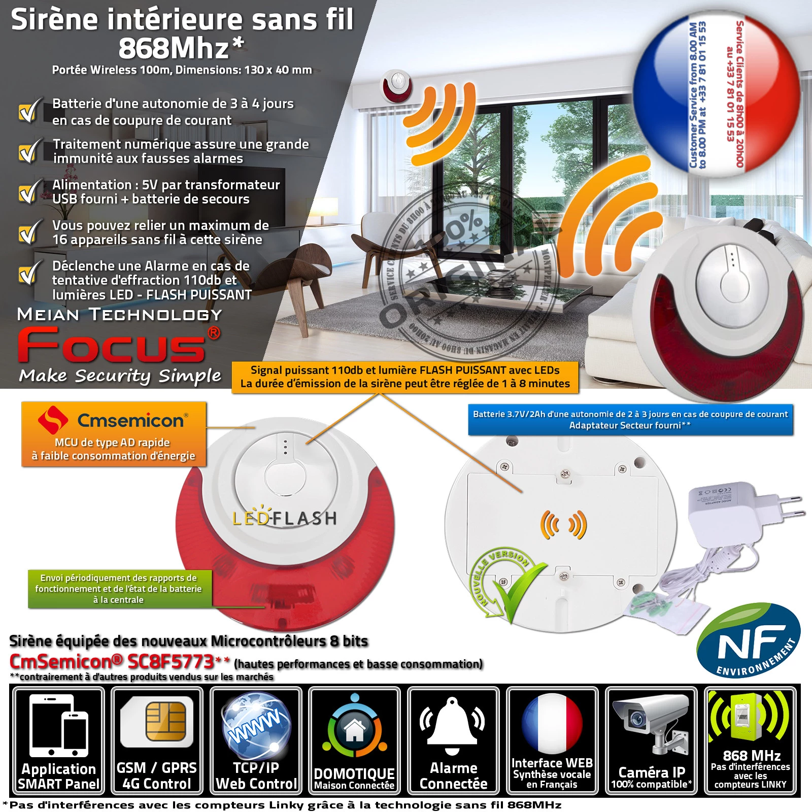 SmartPhone Réseau Ethernet GSM IP 3G 4G Avertisseur Système Sécurité Connecté Détecteur Intérieur Garage 868MHz Surveillance Centrale Alarme Connectée Protection Sous-Sol Caves Alerte FLASH LED Autonome Diffuseur Sonore Puissante Sirène Sans Fil