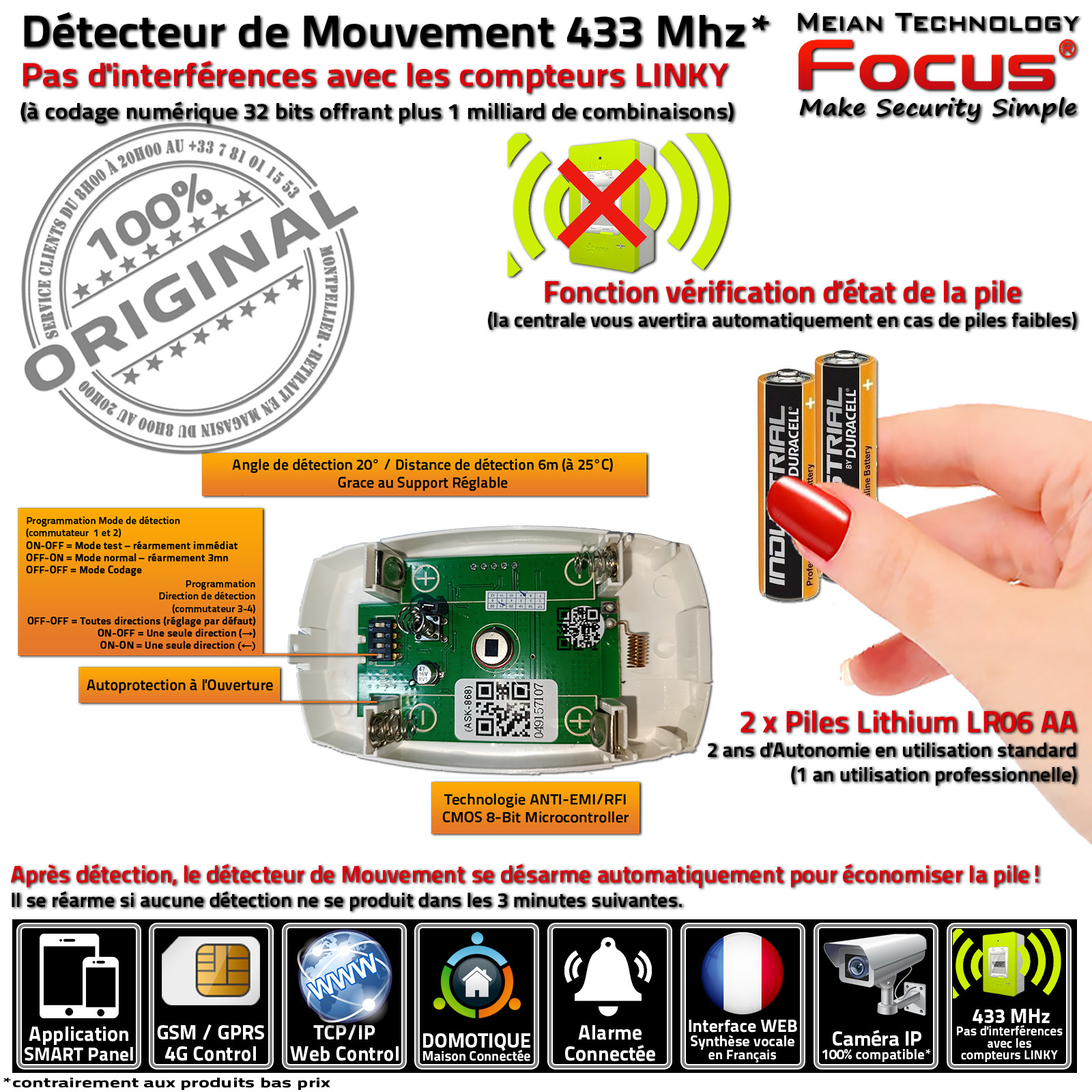 Capteur Passage Présence Radar Immunité Animaux Détection Commerce MD 448R 433 MHz Meian FOCUS Système Sécurité Connecté IP GSM