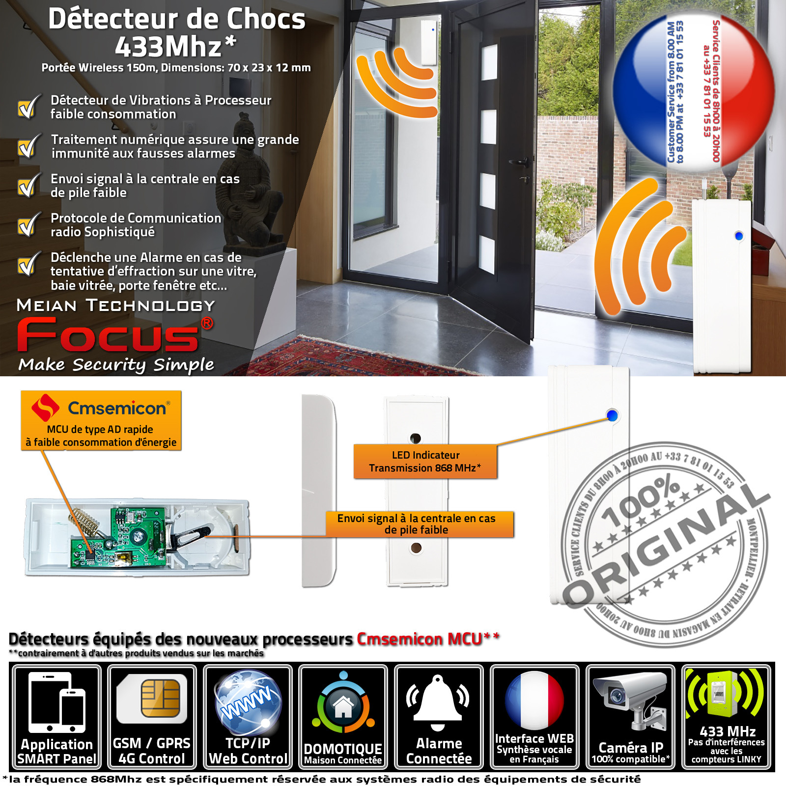 Capteur Protection Sonde Effraction MD-2018R 433 MHz Système Sécurité Connecté Bureaux Cabinet Garage Domotique SmartPhone GSM