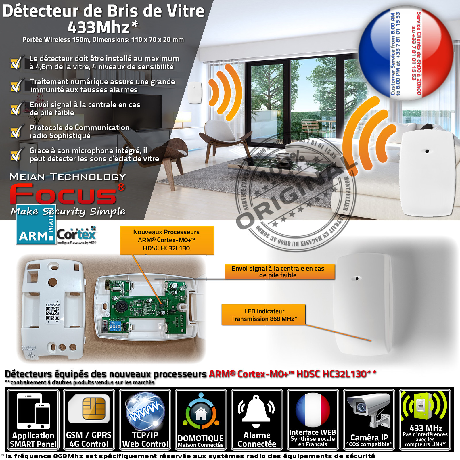 Détection Bris de vitre MD-343R Sans Fil Sonde Domotique Alarme FOCUS Meian Système Sécurité Connecté Réseau Ethernet 433MHz GSM