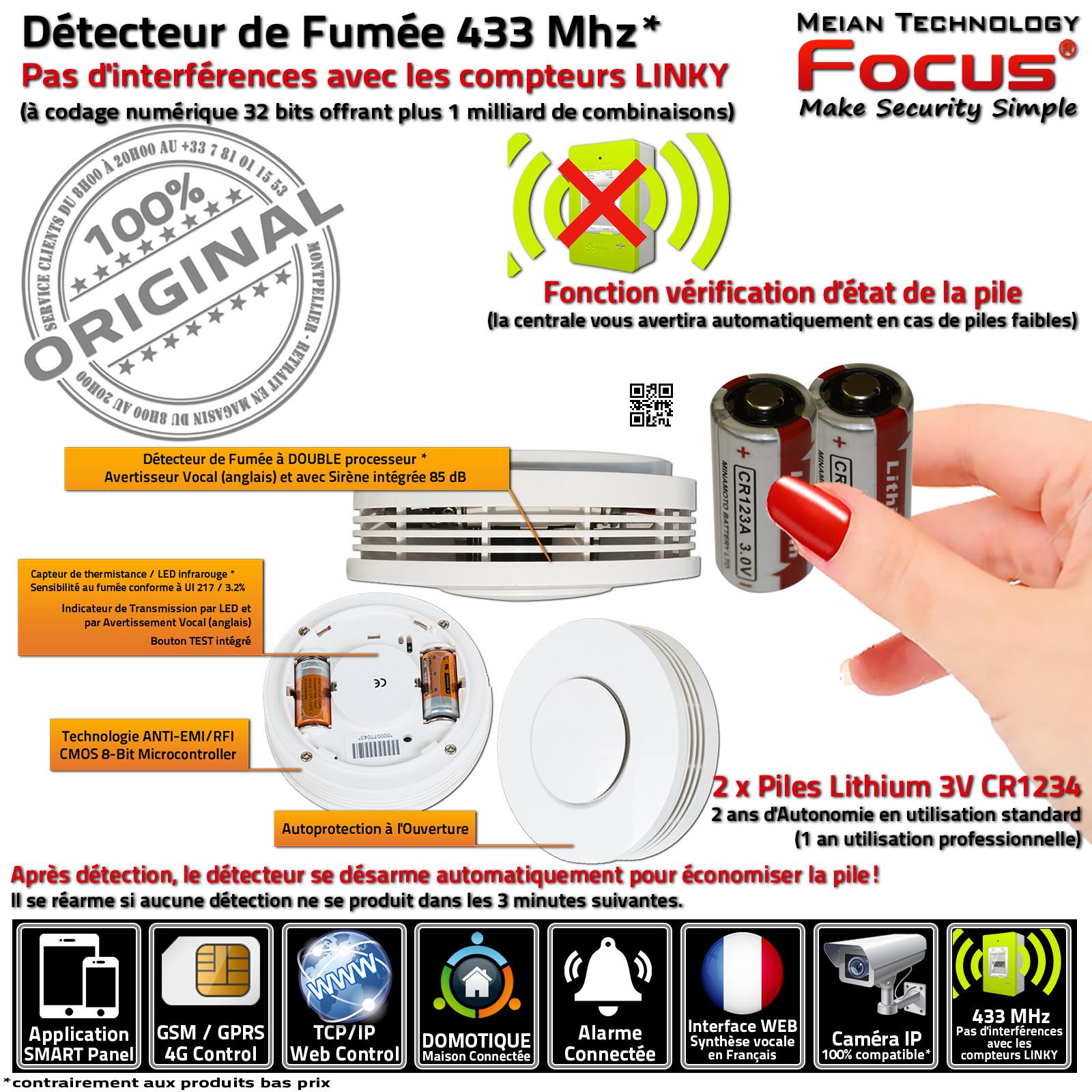 Bureaux Cabinets Garage Détecteur Avertisseur Intoxication Fumée 433 MHz Surveillance MD-2105R Maison Connectée Ethernet IP GSM