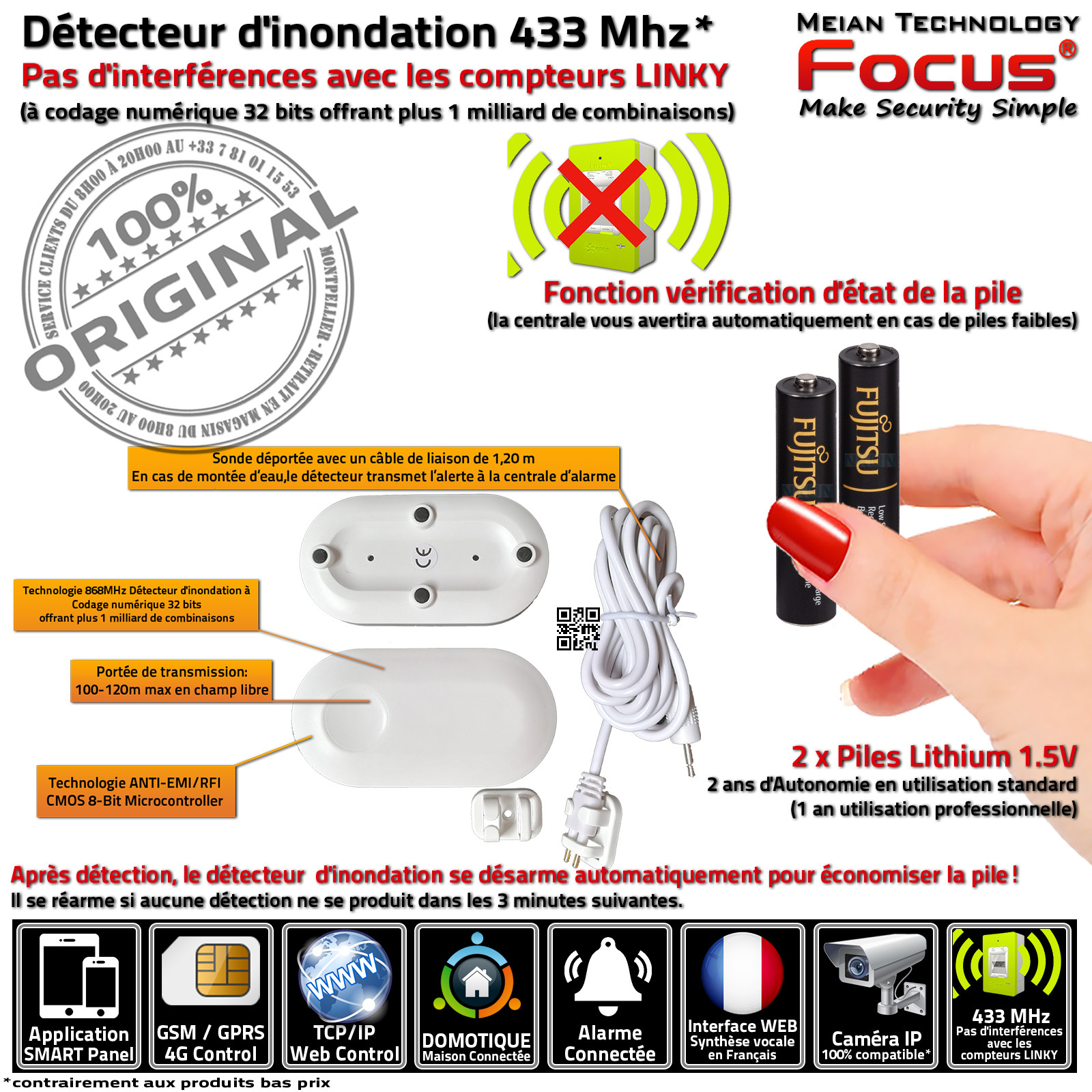 Capteur Protection Fuite Eau MD-230R 433 MHz Système Sécurité Connecté Bureaux Cabinets Garage Domotique SmartPhone Réseau GSM