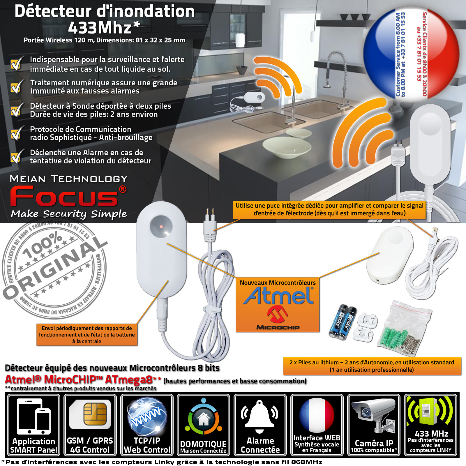 Capteur Protection Fuite Eau MD-230R 433 MHz Système Sécurité Connecté Bureaux Cabinets Garage Domotique SmartPhone Réseau GSM
