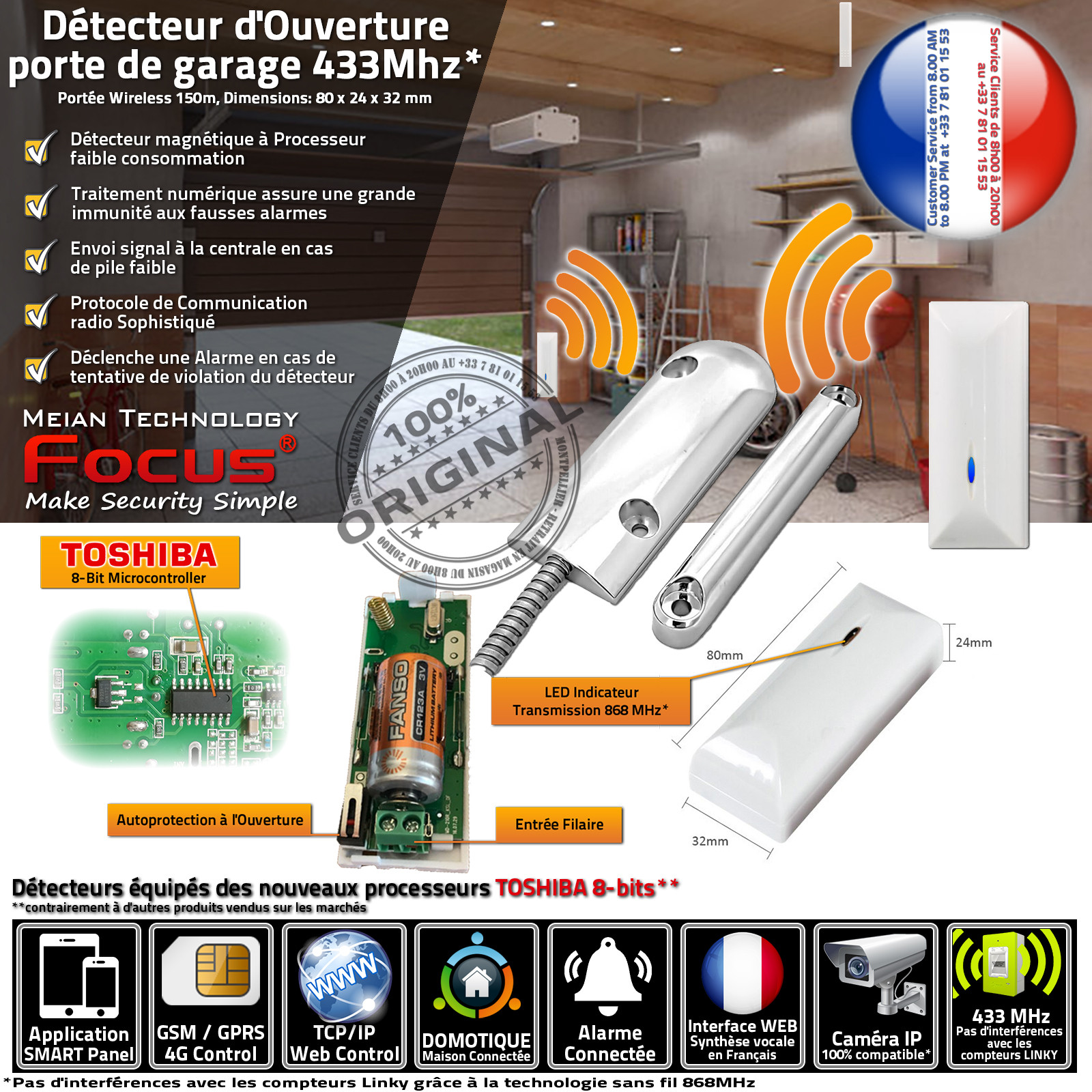 Capteur Porte Fenêtre Portail Domotique FOCUS MD-212R Centrale Alarme Garage 433 MHz Connectée Avertissement Coulissante 4G GSM