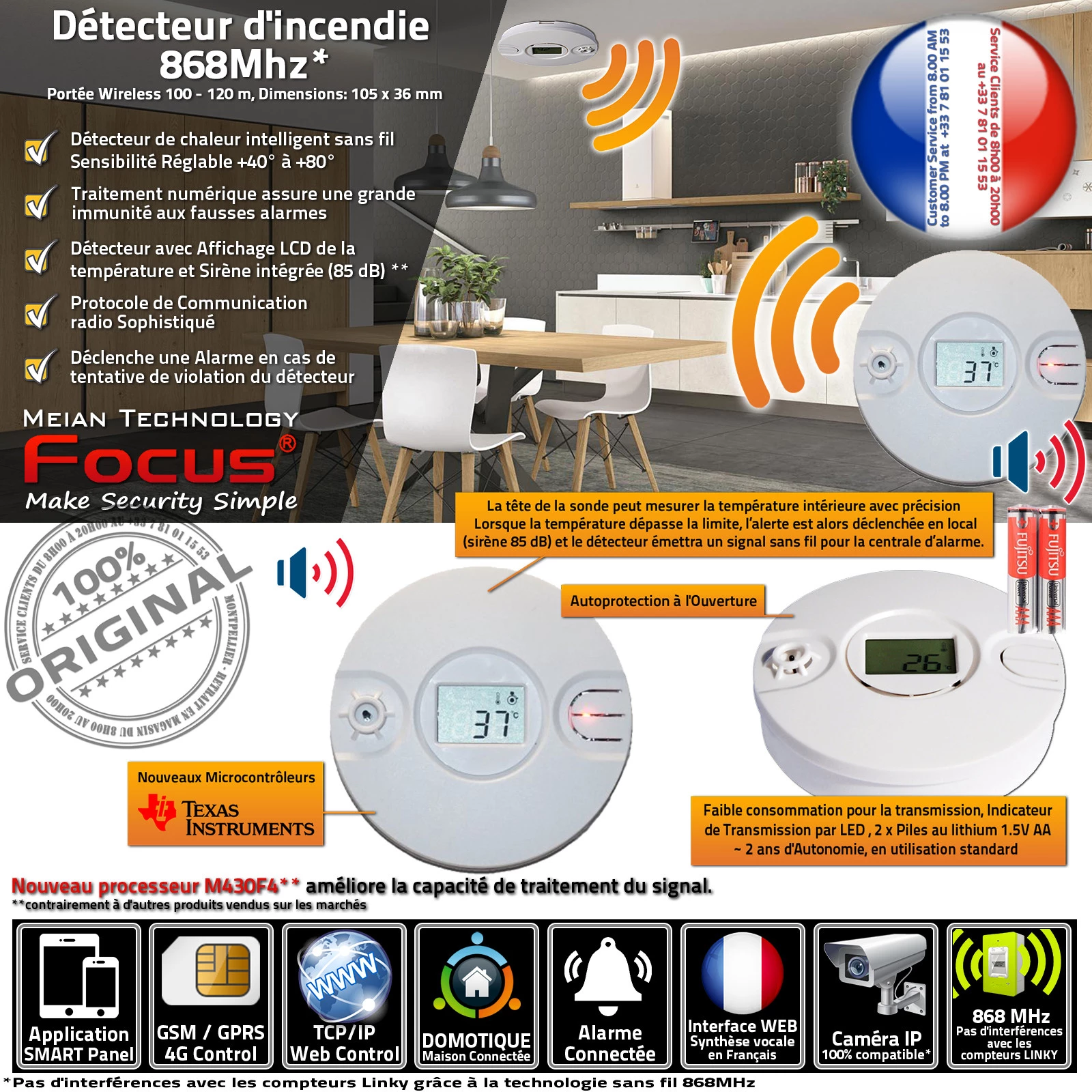 MD-240R 868MHz Détecteurs de chaleur, Sonde Température Connecté Sans-Fil