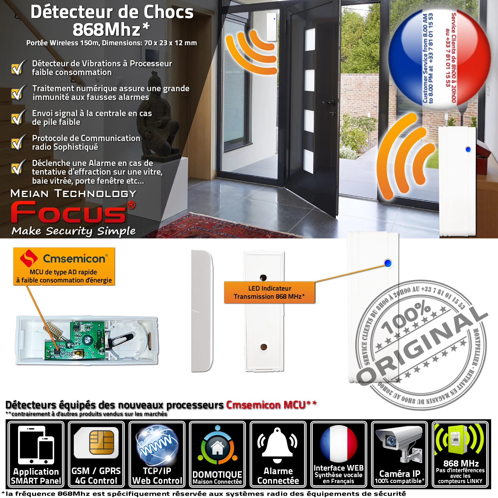 MD-2018R 868MHz Détecteurs de Vibrations, Chocs, Bris de vitre, Capteur Protection Bris de Glace Connecté Sans-Fil