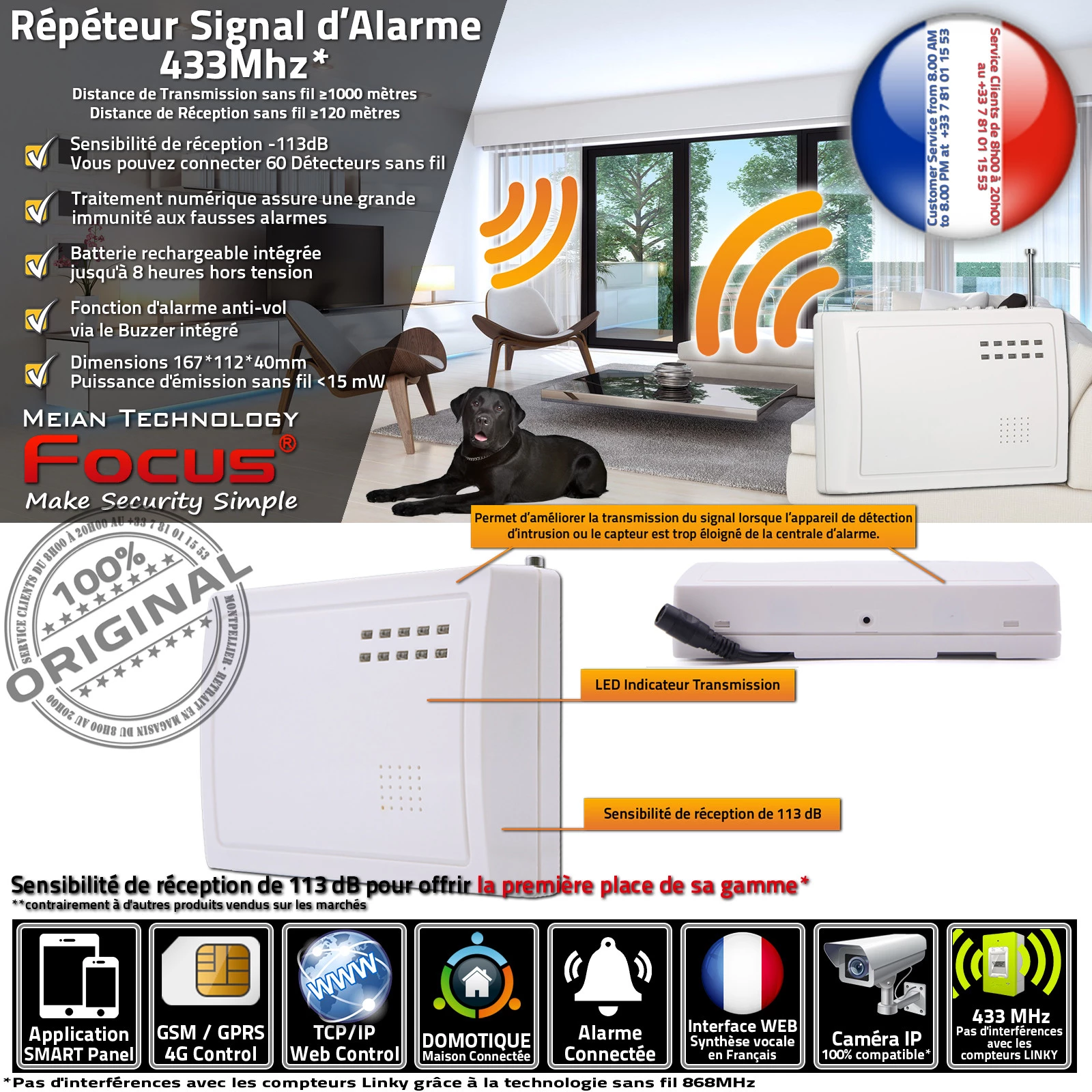 PB-205R 433MHz Répéteur Signal d'alarme sans fil Amplificateur Distance réception / émission